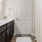 a bathroom with a sink and a shower curtain