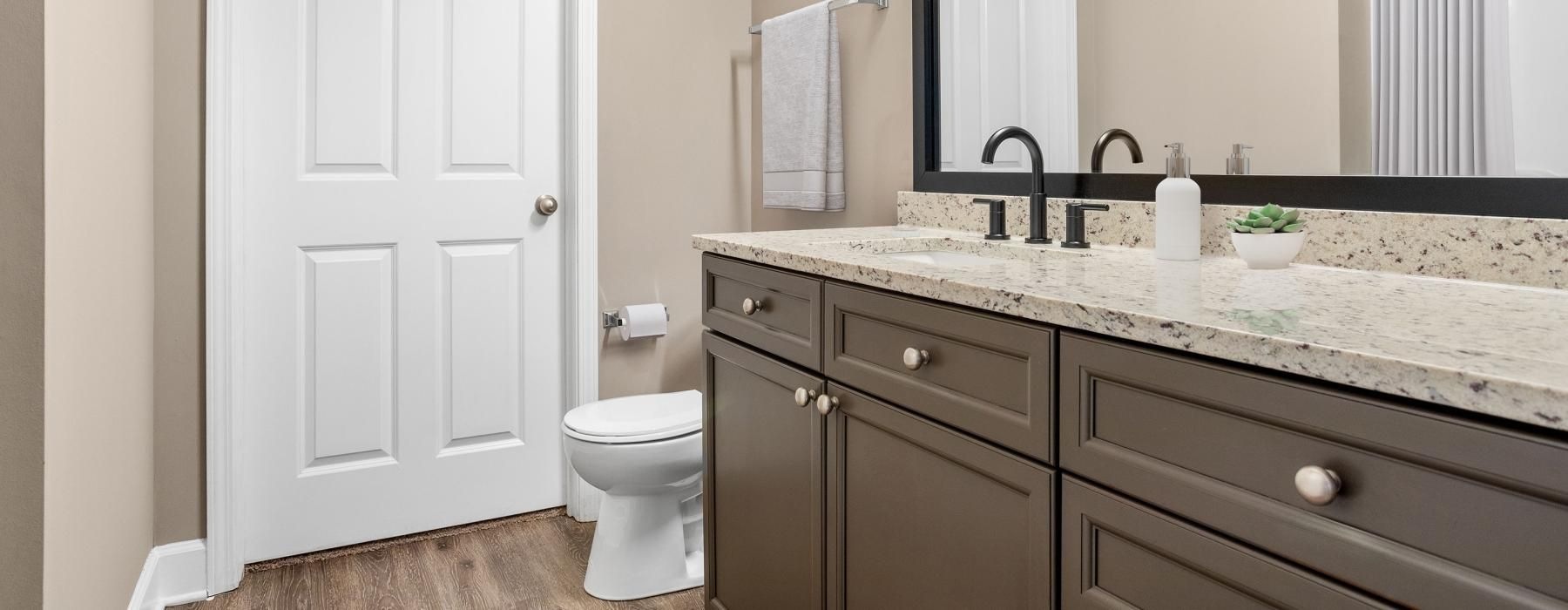 a bathroom with a marble countertop