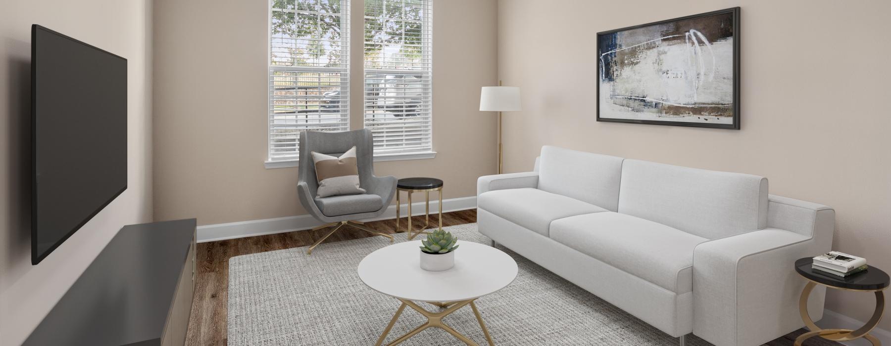 a living room with a tv and couches